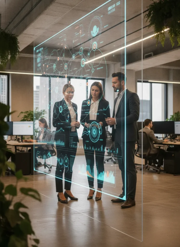 Modern banking professionals reviewing digital workflow dashboards in