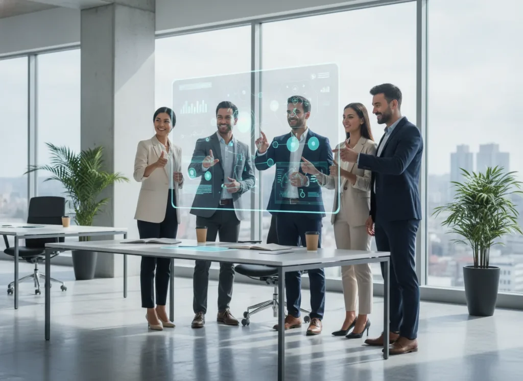 professional banking team in a modern office reviewing