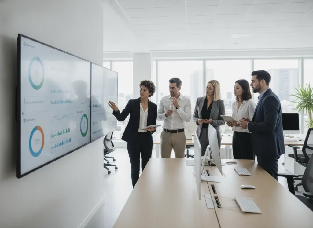 Modern bank team reviewing digital workflow dashboards together