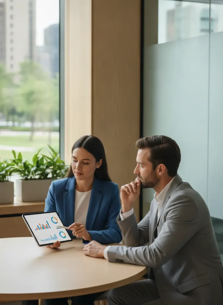Professional financial services consultant reviewing workflow analytics on