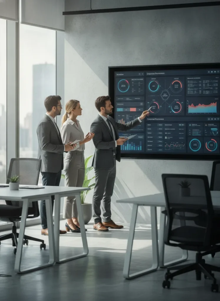 modern banking professionals reviewing digital workflow dashboards in