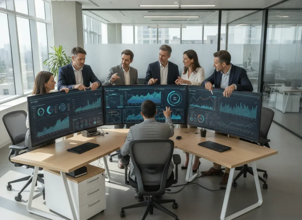 Modern bank operations team collaborating around dashboards in