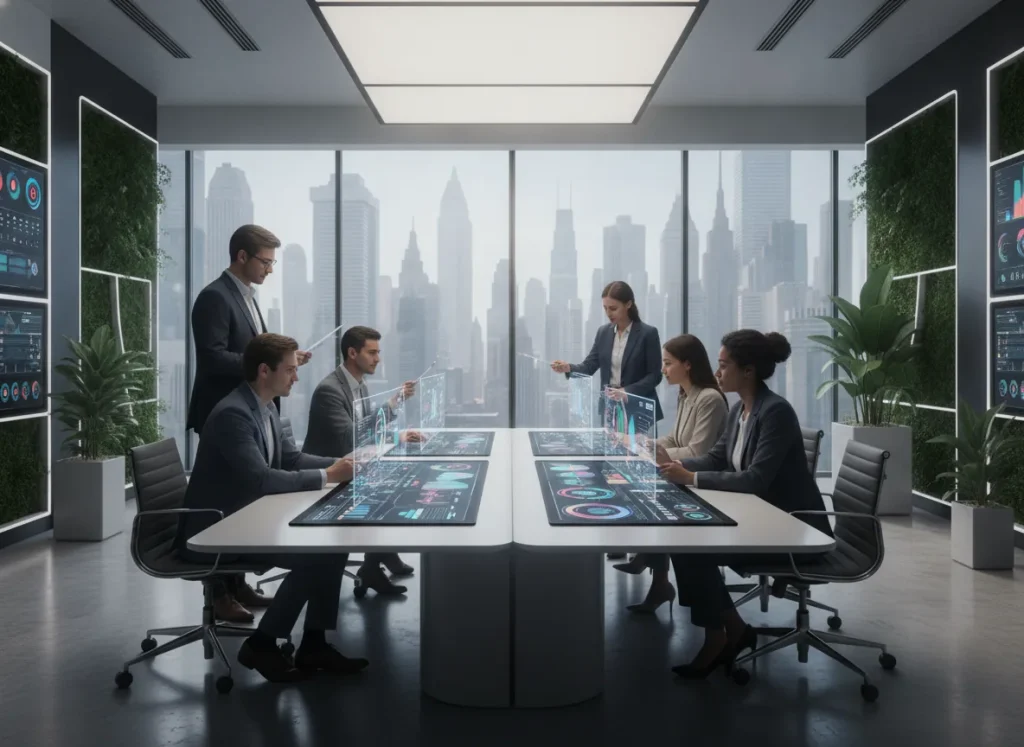 Modern banking team collaborating around digital workflow dashboards