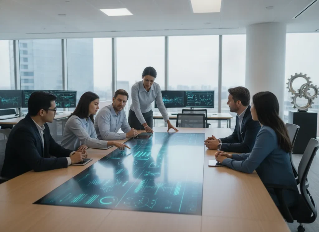 Modern banking operations team collaborating around a dashboard